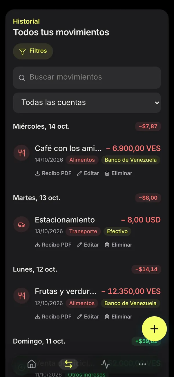 Lista de movimientos de Cronos con gastos en bolívares y dólares agrupados por día
